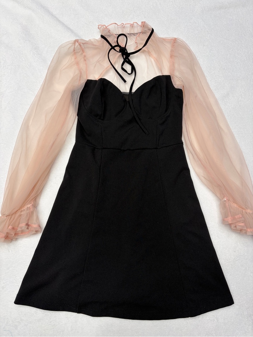 SHEIN MOD Contrast Mesh Flounce Sleeve Tie Neck Cut Out Front Dress